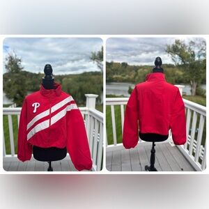 PHILLIES inspired Womens Crop Red Light Track Jacket with White Stripes